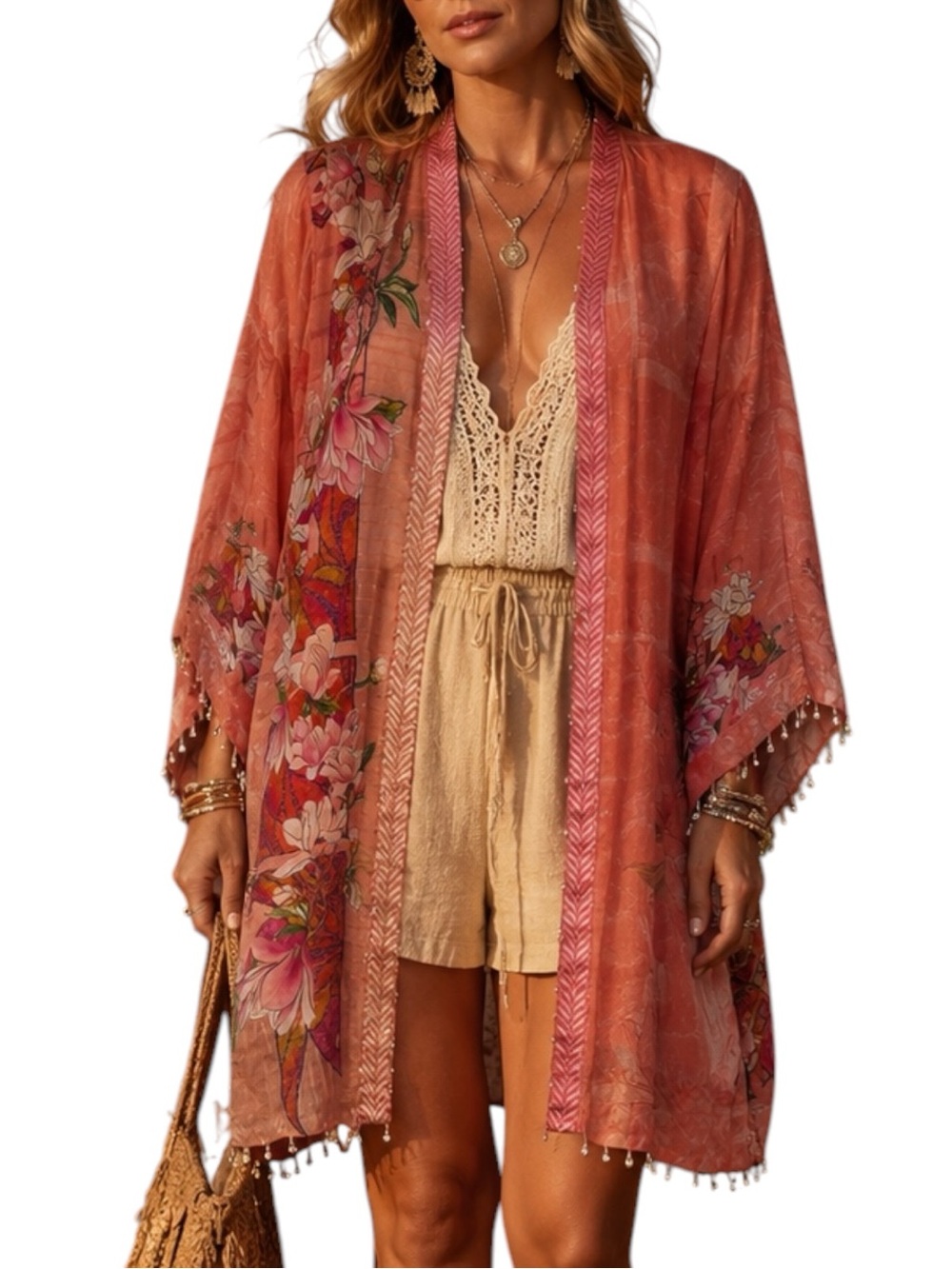 NWT Sapphire Coral Floral Sheer Beaded  Kimono Boho Chic Open Cardigan Medium